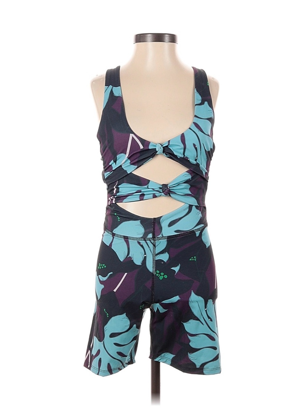Lezat Tropical Cutout Romper in Teal and Purple
